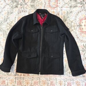 Tommy Hilfiger Mens L Black Wool Blend Heavy Jacket PeaCoat Full Zip